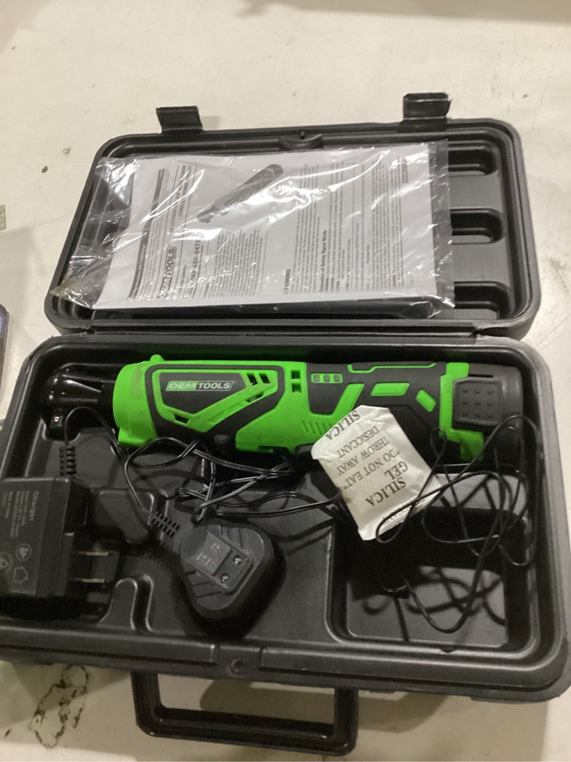 Condition photo showing As Is for oemtools 24685 12v max li-ion power ratchet, 3/8” cordless electric ratchet wrench, 35 lbs. torque, electroplated, lightweight and ergonomic with built-in led worklight