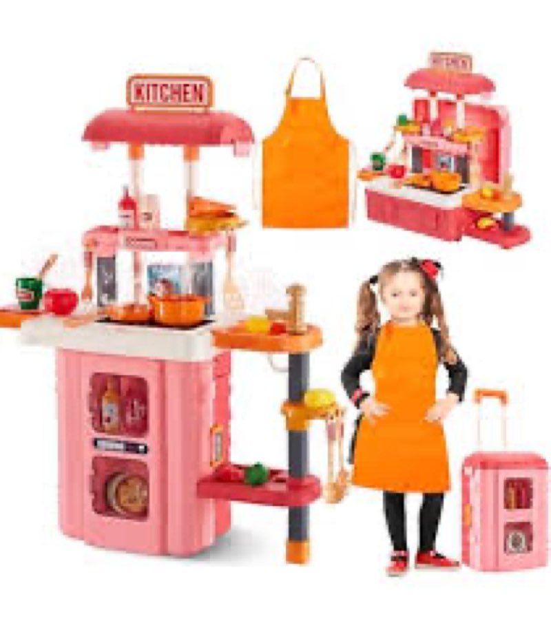 Vecukty Play Kitchen for Kids, 49PCS 3-in-1 Kitchen Playset Accessories with Lights and Sounds, Pretend Play Cooking Set Toy, Gift for Toddlers Little Girls Boys 1 2 3 4 5 6 7 8 9 10 11 - Pink  