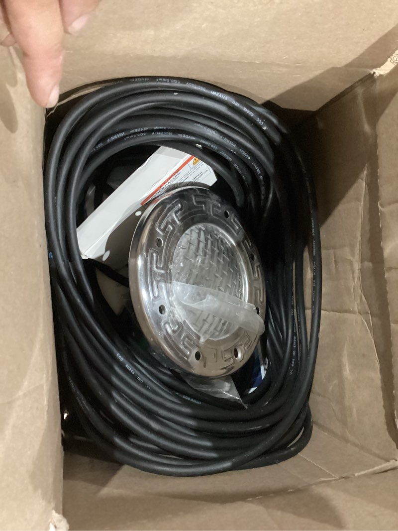 Condition photo showing As Is for pn04dc inground pool/spa lighting system rgbw color change 6 inch 50w led, remote/app control, 120v ac, 100 feet cord, ul listed transformer included