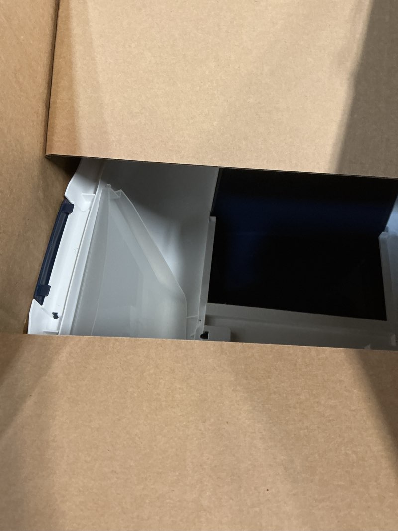 Condition photo showing As Is for IRIS USA Cat Litter Box, Large Enclosure with Front Door Flap and Scoop, Covered Box with Handle and Buckles for Portability and Privacy, Navy/White