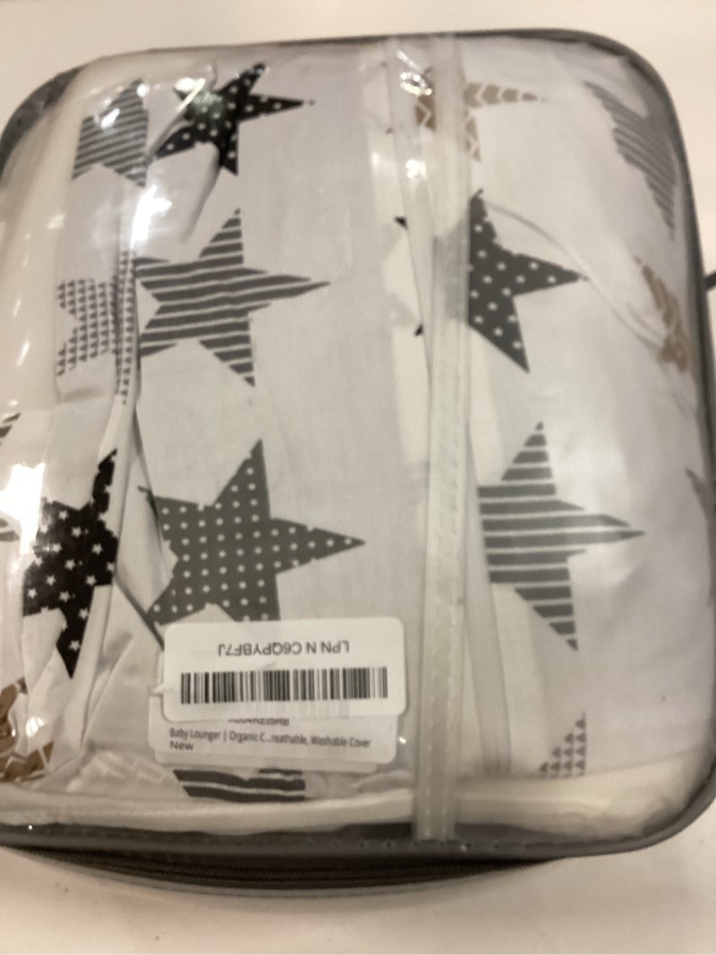 Condition photo showing New/Like New for baby lounger | organic cotton infant lounger | reversible, adjustable & portable floor lounger | soft, breathable, washable cover grey blue star
