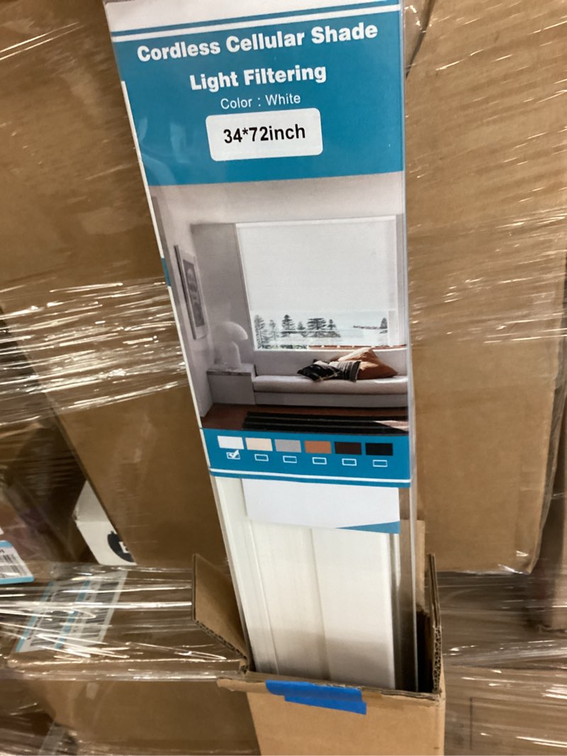 Condition photo showing New/Like New for myshade 1.5-inch cellular cordless light filtering shades, honeycomb window blinds for soft daylight & privacy, thermal insulation, child safe, inside or outside mount (34" w x 72" h, white) white 34"w x 72"h