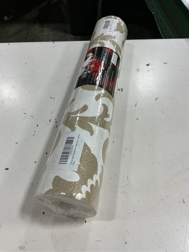 Condition photo showing New/Like New for textured matte gold damask wallpaper roll - metallic shimmer glitter traditional non-woven, paste required, 20.8" x 393" (57 sq ft) metallic gold white