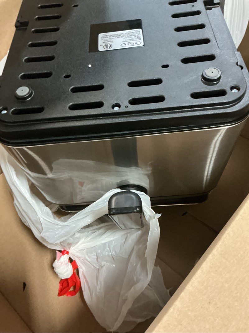 Condition photo showing As Is for bella 8 qt digital air fryer with turbocrisp technology, large family size nonstick cooking basket and crisping tray, multiple preset functions, auto shutoff, silver, 1750 watt stainless steel