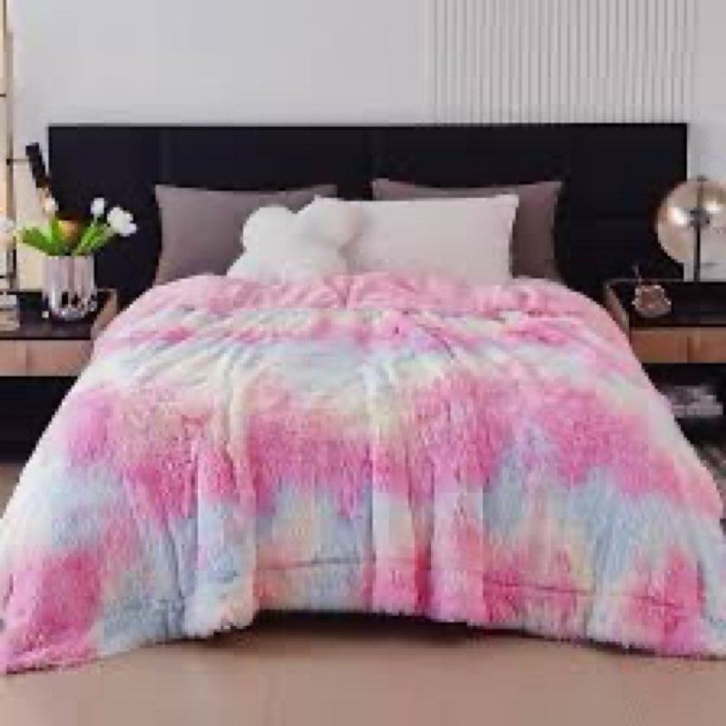 GONAAP Fuzzy Faux Fur Throw Blanket Queen Size Dark Rainbow Super Soft Cozy Plush Fuzzy Shaggy Blank