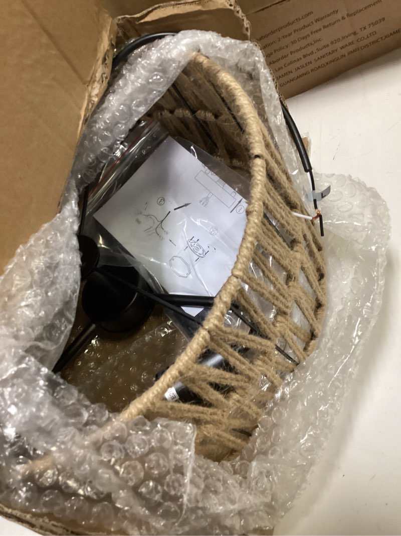 Condition photo showing Good Condition for 3-light coastal woven flush mount light fixture boho rustic hemp rope drum semi flush mount ceiling light for hallway bedroom kitchen entryway farmhouse living room, black 3-light woven
