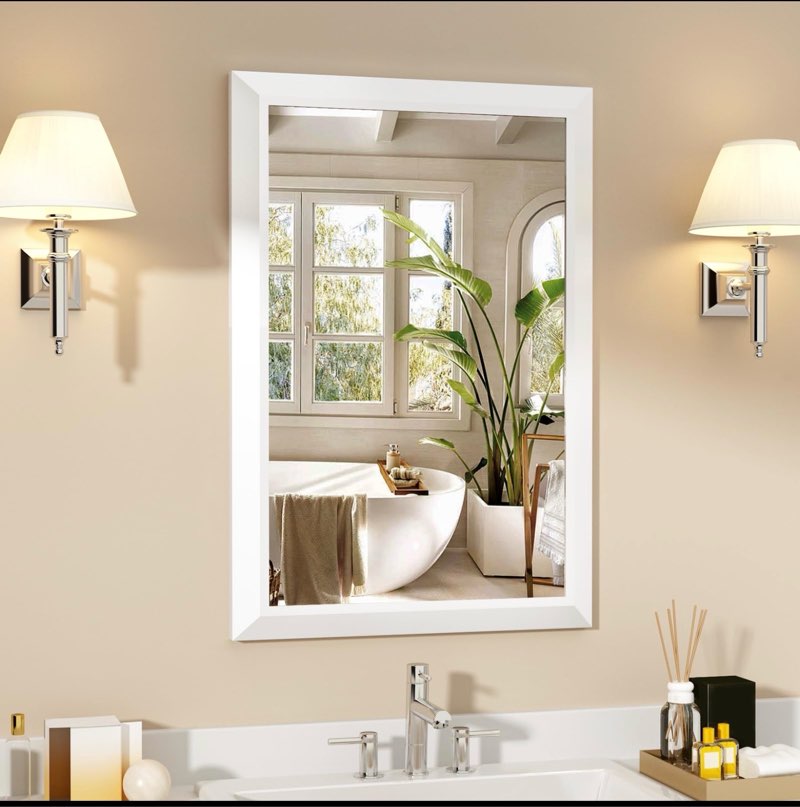 smiror matte white bathroom mirror for over sink, 24”x 36” metal thick framed rectangle vanity mirror for wall, right angle corner, anti-rust, horizontally or vertically mounted