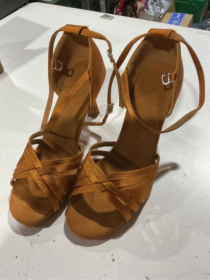 Condition photo showing As Is for women's satin professional latin dance shoes, open toe ladies ballroom salsa dance practice performance shoes, for ballroom wedding performance (color : gold 7cm, size : 7