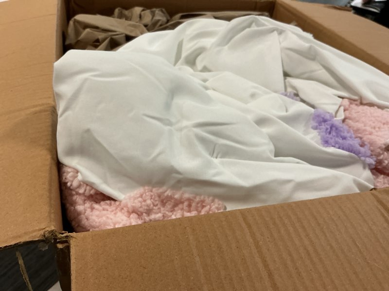 Condition photo showing As Is for intelligent design kids full comforter set for girls, tufted chenille floral comforter set queen, lightweight polka dot reversible bed set, shams, pillow, gracie, full/queen white/purple 4 piece f/q comforter white/purple