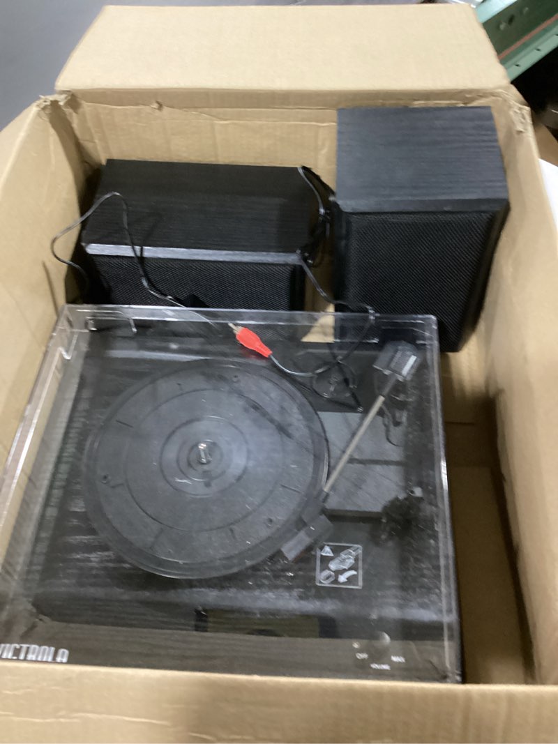 Condition photo showing Good Condition for victrola montauk vinyl record player, 3-speed belt driven turntable with stereo bluetooth speaker pair, rca output & 3.5mm headphone jack, removable dust cover, black wood finish black system