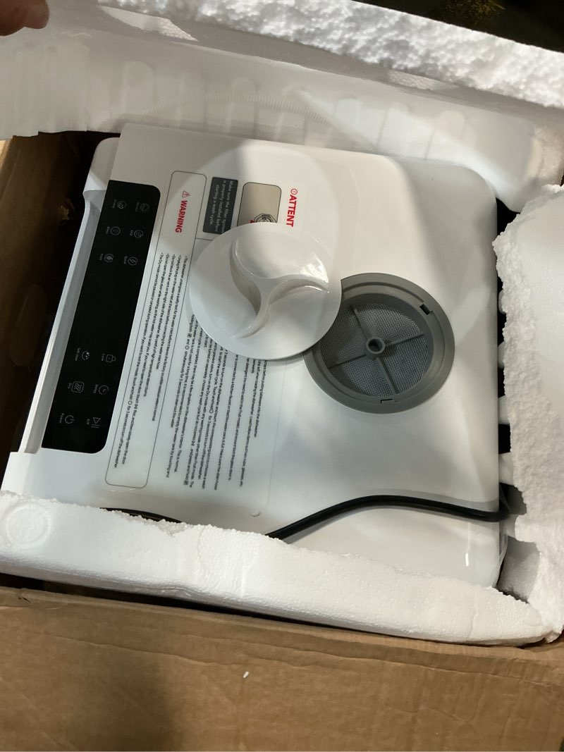 Condition photo showing As Is for euhomy countertop dishwasher, 8 programs portable dishwasher with 5l built-in water tank and inlet hose, no hookup needed, mini dishwasher with self clean/baby care/air dry, for apartments, rvs, white 8 programs, white door