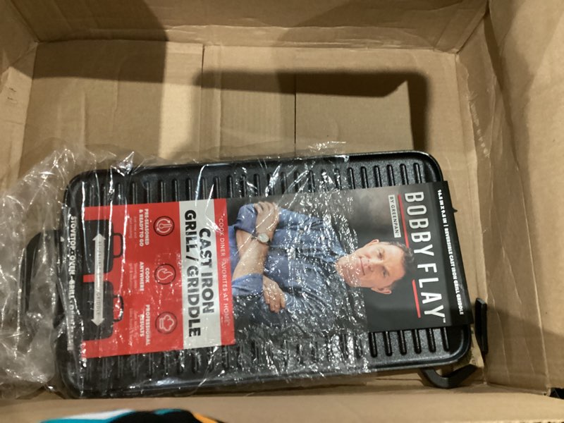 greenpan bobby flay cast iron pre-seasoned 11” reversible double burner rectangle grill/griddle, black