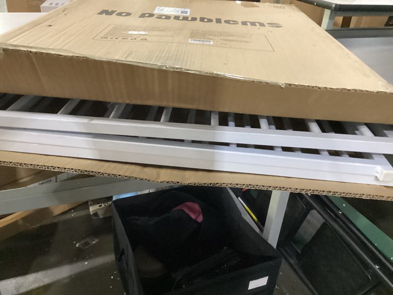 Condition photo showing As Is for No Pawblems Free Standing Dog Gate with Door, 36'' Tall Foldable Dog Fence for Indoor & Outdoor, Up to 78 Inch Extra Wide Puppy Gate for Stairs, Hallways, Doorways, Deck, Yard (White, 3 Panels) White-36" H Up to 78" W, 3 Panels