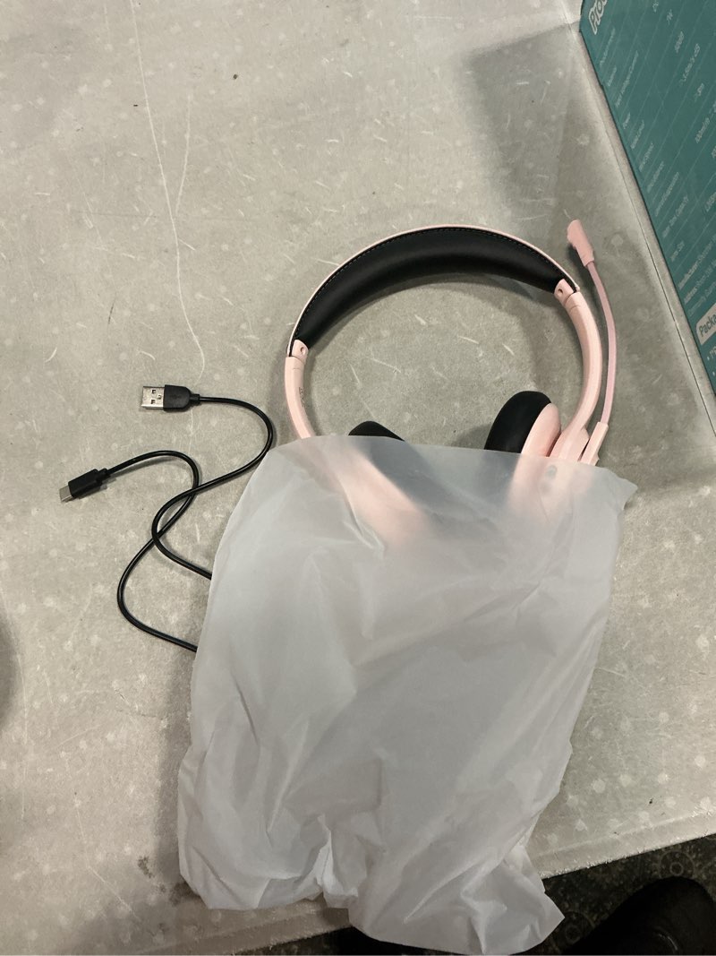 Condition photo showing New/Like New for wireless headsets with microphone, ultra lightweight& 50+ playtime, wireless headset for cell phones, on ear bluetooth headphone fit for pc/call center/computer/laptop/teams - light pink