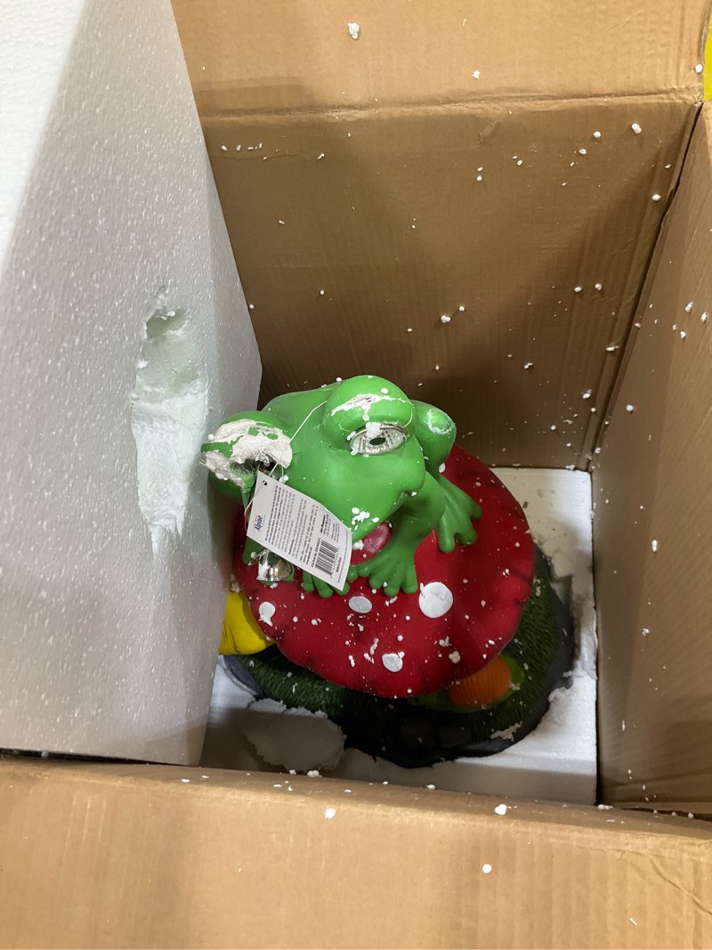 Condition photo showing As Is for alpine corporation zen390slr-l frog on mushroom statue with led lights, solar-powered led frog garden statue, 24" h, green large - 24"h