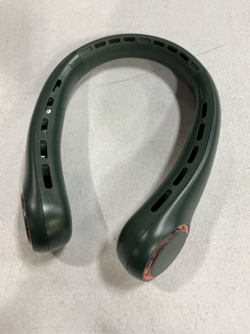 Condition photo showing As Is for neck fan, portable fan with 5-17h lifespan, 4000mah neck fan air conditioner with 3 adjustable speeds and 64 cool lights, rechargeable neck fan, hands-free cooling fan for summer (dark green)