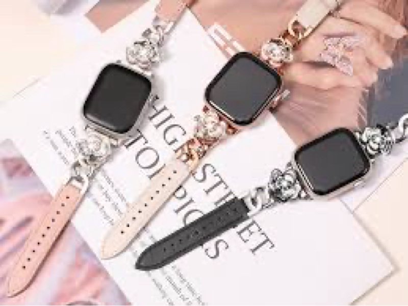 minyee compatible with apple watch band 38/40/41/42mm women, dressy elegant leather metal chain stra