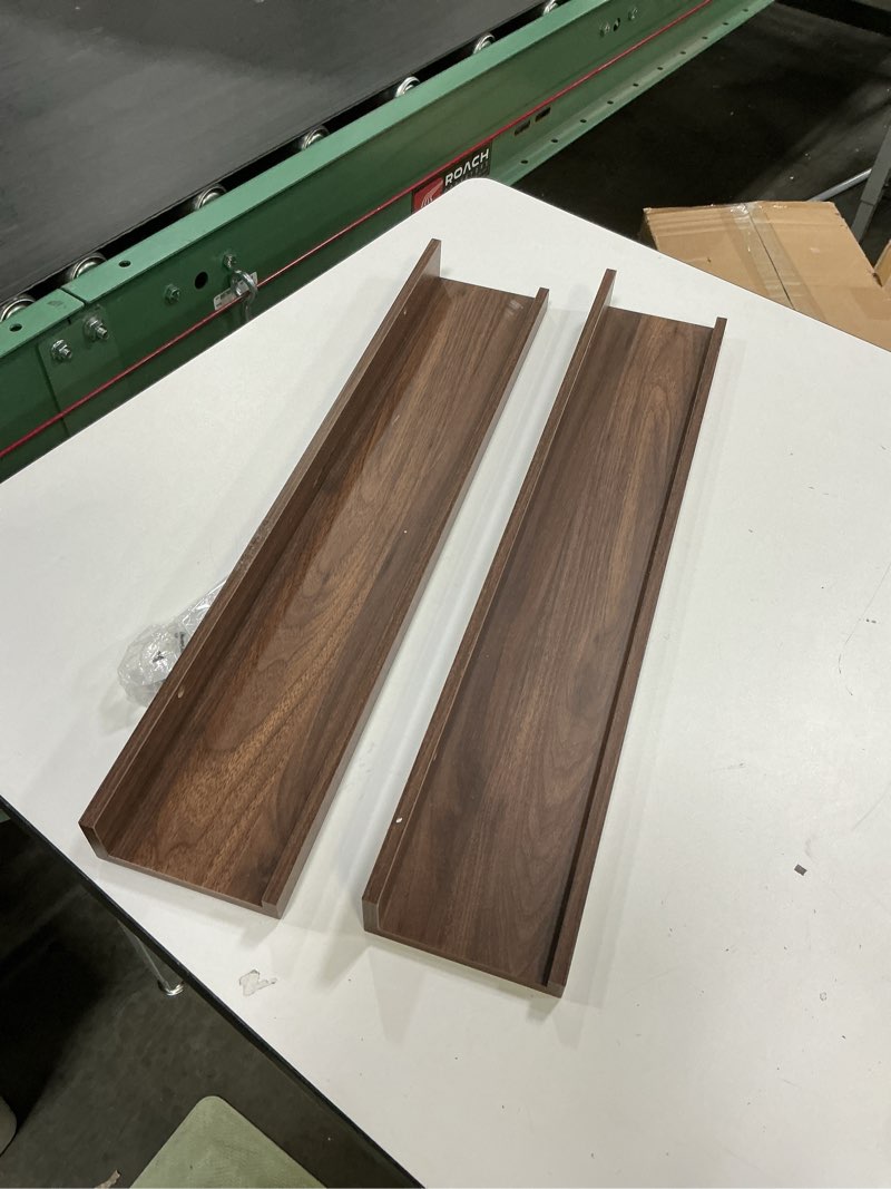 Condition photo showing As Is for Love-KANKEI 36 Inch Long Floating Shelves Wall Mounted Set of 2, Large Wood Wall Shelves for Storage, Rustic Hanging Shelves for Display,Bedroom Living Room Bathroom Kitchen Office Dark Walnut