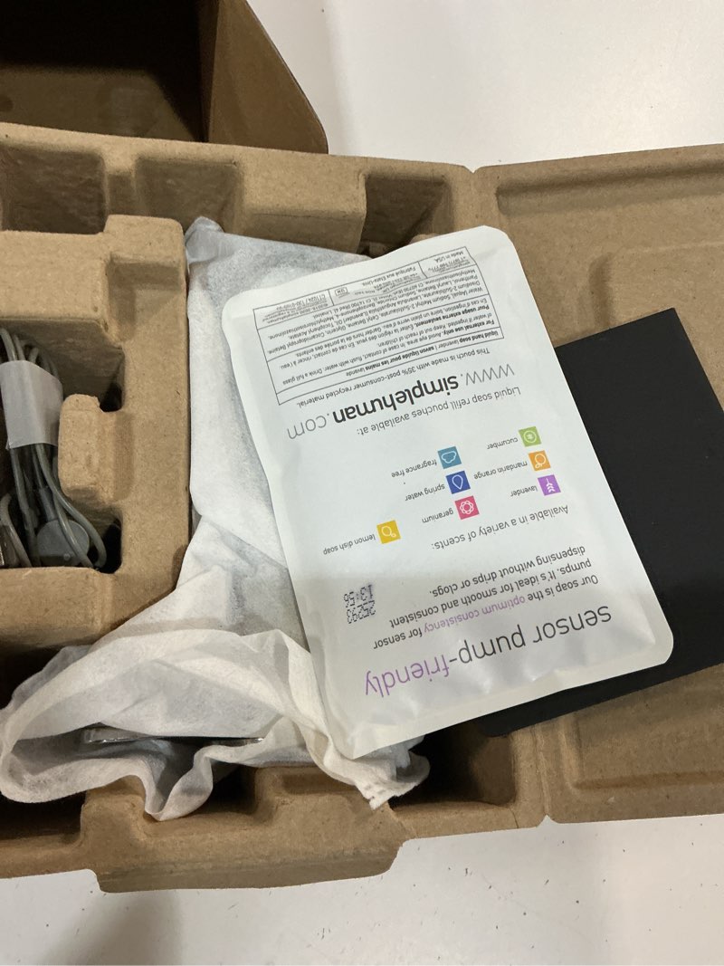Condition photo showing As Is for simplehuman liquid sensor pump, 9 oz automatic soap dispenser for kitchen and bathroom, touchless motion sensor, variable dispense, rechargeable, no-drip spout, high-grade brushed stainless steel brushed 9 oz.