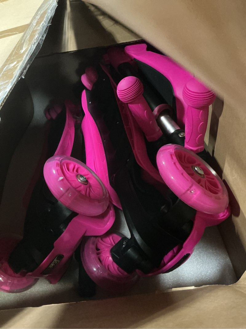 Condition photo showing As Is for hurtle 3-wheeled scooter for kids - wheel led lights, adjustable lean-to-steer handlebar, and foldable seat - sit or stand ride with brake for boys and girls ages 1-14 years old pink