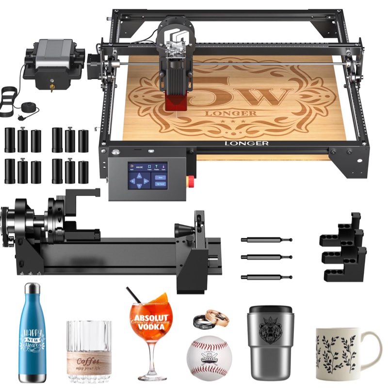 LONGER Laser Engraver Ray5 5000mW Engraver Machine with Air Assist Kit DIY CNC Laser Cutter Tool for Metal Glass Wood Working Area 15.7 "x15.7" with 4-in-1 Rotary Roller Kit