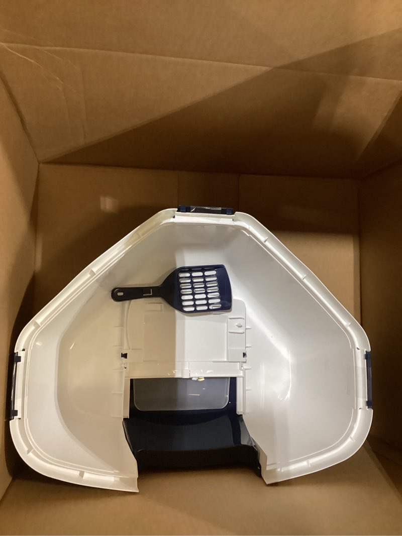 Condition photo showing As Is for iris usa corner cat litter box - enclosed corner litter box with scoop, hooded litter tray for corners, space-saving covered litter box, odor defensive, navy/white