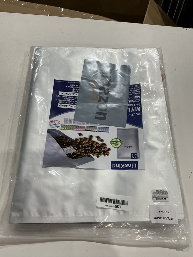 Condition photo showing Good Condition for 15 pcs 5 gallon mylar bags with 15 pcs individually wrapped 2500cc oxygen absorbers for food storage, zipper resealable heat sealable bags,24 labels & 20 pcs 1/2 pint mylar bags(4 colors) 2500cc?15-pack)