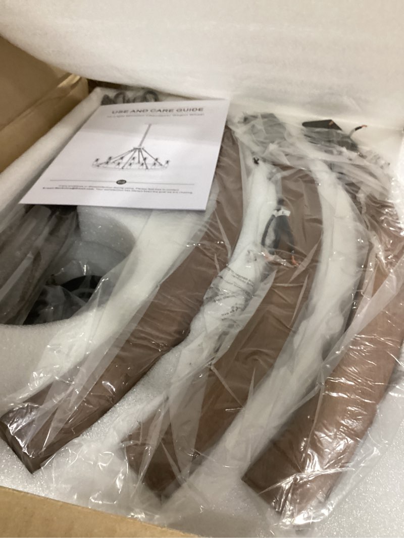 Condition photo showing Good Condition for Farmhouse Wagon Wheel Chandelier 31" Black Rustic Light Fixtures 12-Light Wood Round Chandelier for Dining Room Living Room Entryway Foyer 12-Light 31.5 inch Walut