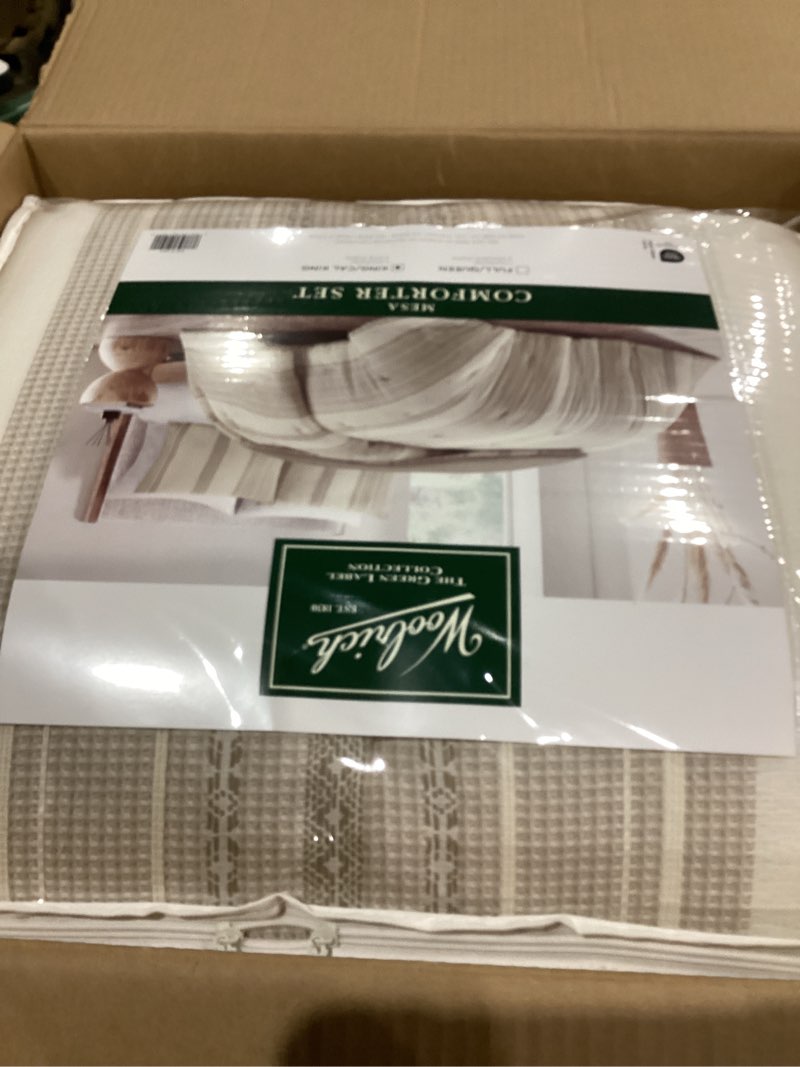 Condition photo showing As Is for Woolrich King Comforter Set Cotton Striped, Oversized Comforter, All Season Down Alternative Overfilled King Size Comforter, Mesa, King/Cal K Tan 3 Piece Tan King/Cal King