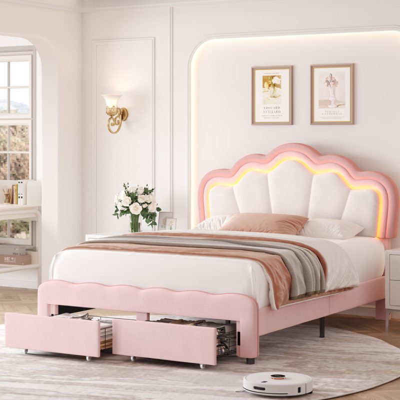 Avalie Upholstered LED Bed with Drawer & Adjustable Headboard, Kids Beds (Twin)