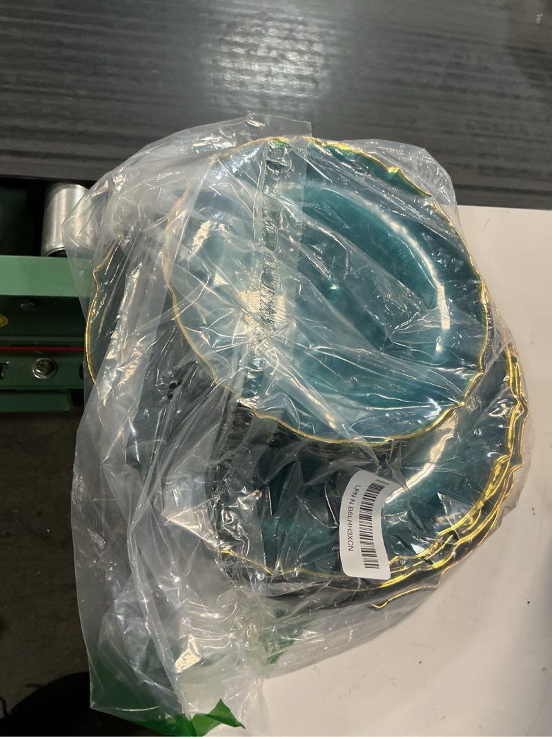 Condition photo showing Good Condition for exquisite plastic plates for party 40 piece fancy plastic dinner plates for 20 guests 20 x 7.5 dessert plate & 20 x 10 thin delicate disposable dinnerware charger plate peacock gold rim