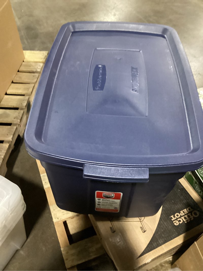 Condition photo showing Good Condition for rubbermaid roughneck variety bag - |made in the usa| metallic dark indigo, heavy duty stackable plastic storage container with lid and handles