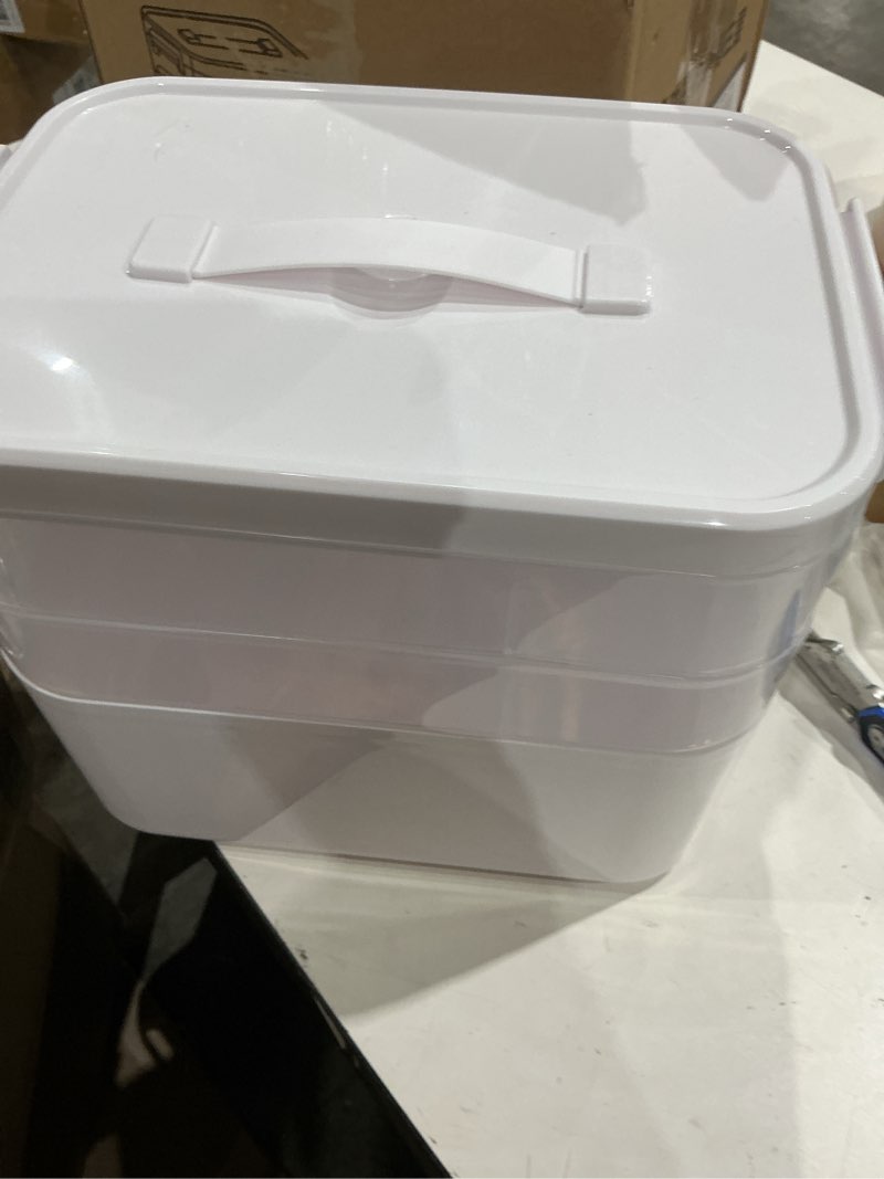Condition photo showing Good Condition for 13.3 qt art supply organizer box with handle, white 3-tier stackable craft storage container with removable trays for markers, paints, beads and sewing accessories 11.1''x7.7''x9.1'' 3 layer-white