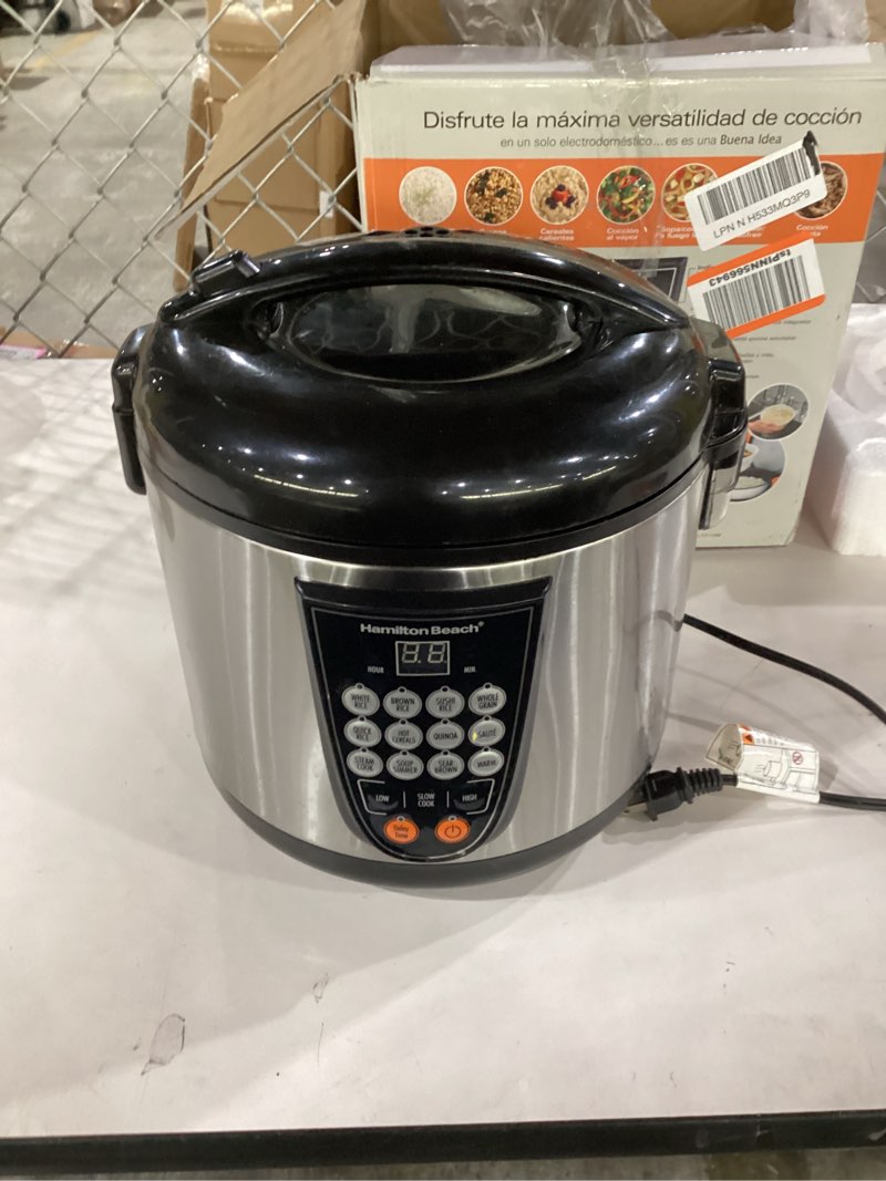 Condition photo showing As Is for not tested*** hamilton beach digital programmable rice and slow cooker & food steamer, 20 cups cooked (10 cups uncooked), 14 pre-programmed settings for sear sauté, hot cereal, soup, nonstick pot, stainless steel (37571mn) stainless steel 20 cups cooked (10 cups uncooked)