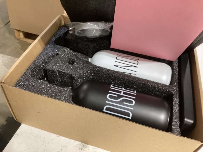 Condition photo showing Good Condition for kitchen soap dispenser set with silicone tray, premium glass hand and dish soap dispenser set for kitchen sink, rustproof stainless steel pump, modern kitchen décor & versatile gift for any occasion hd b w bottle & black tray