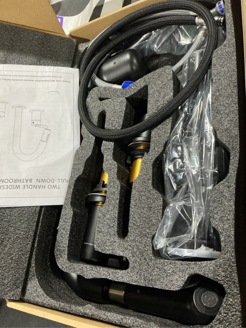 Condition photo showing Good Condition for kenes matte black pull out bathroom faucet, 8 inch 2 handle widespread bathroom faucet 3 hole with pull down sprayer, bathroom sink faucet with pop up drain & supply lines lj-9058a-2
