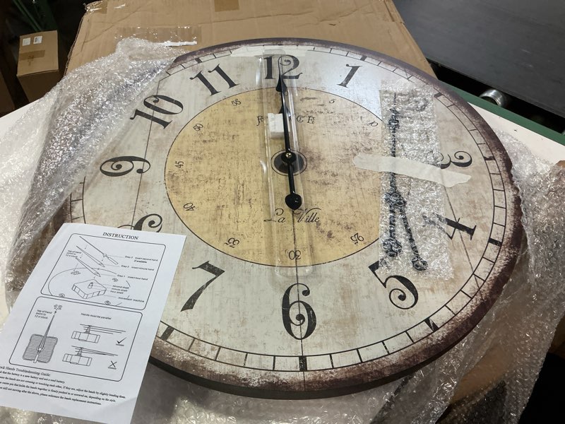 Condition photo showing Good Condition for mode home large farmhouse wall clock, 24 inch rustic wooden wall clock decorative with metal circle and engraved numerals, silent battery operated for kitchen bedroom living room fireplace mantel