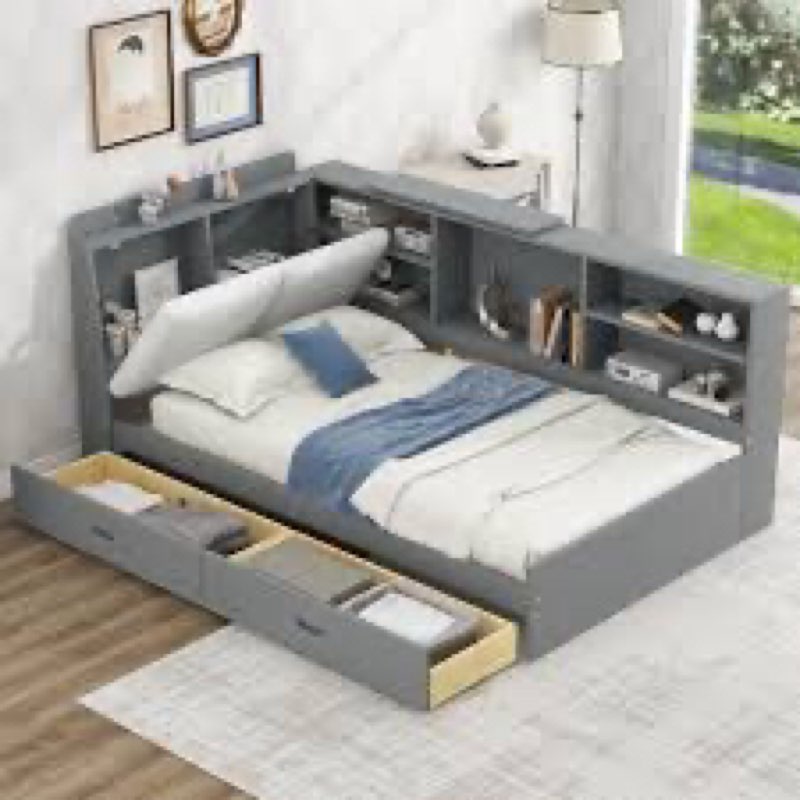 wood twin size platform bed with storage headboard, shelves and 2 drawers