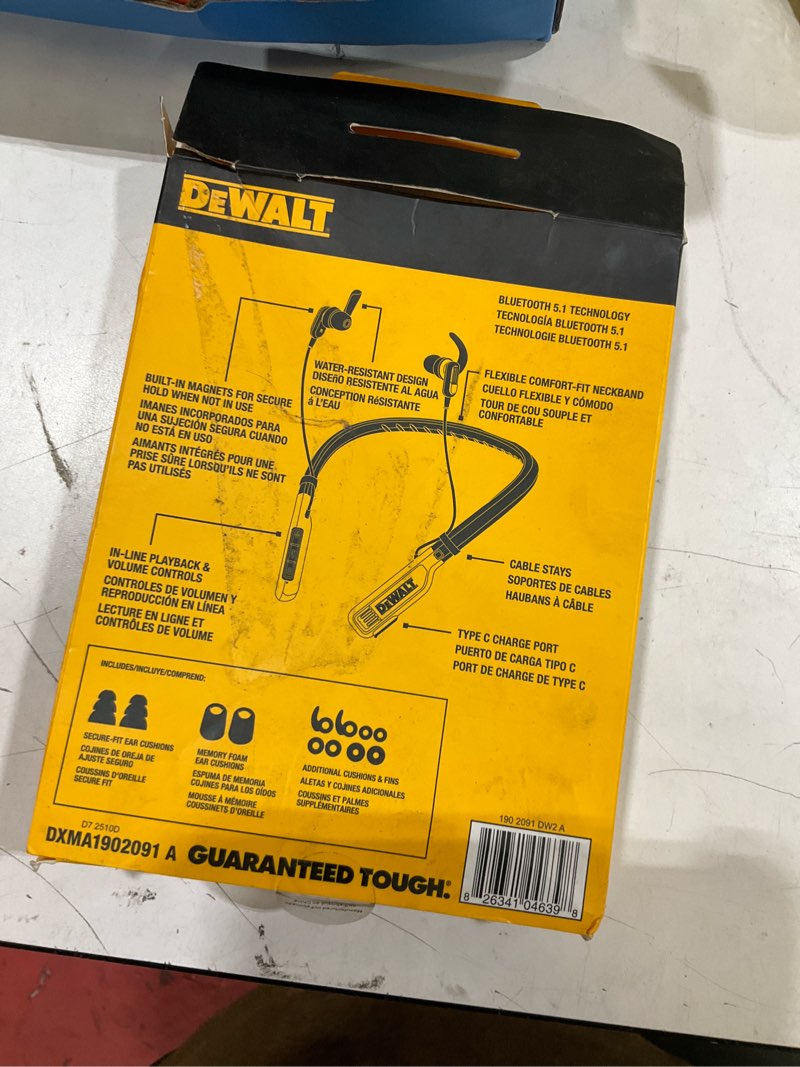 Condition photo showing As Is for dewalt heavy duty bluetooth neckband headphones, wireless around the neck earbuds w/ 30h runtime + noise isolation, secure magnetic wireless earbuds, jobsite pro built-in mic bluetooth headsets yellow