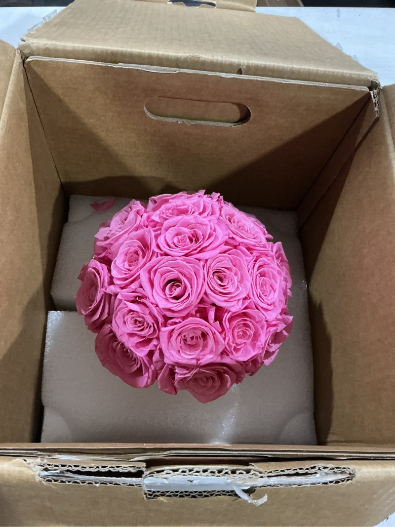 Condition photo showing Good Condition for 18 preserved roses in round dome shape, mother's day real forever flowers rose box, eternal rose gift for her women girl friend wife, flower gift for valentines day(pink) dome-pink 18 roses dome shape