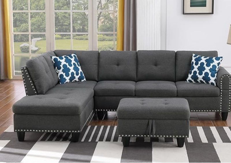 98" L-Shaped Sectional Sofa Couch with Storage Ottoman, Living Room Set, Left Facing Chaise, 2 Cup Holders, 2 Throw Pillows, Dark Gray