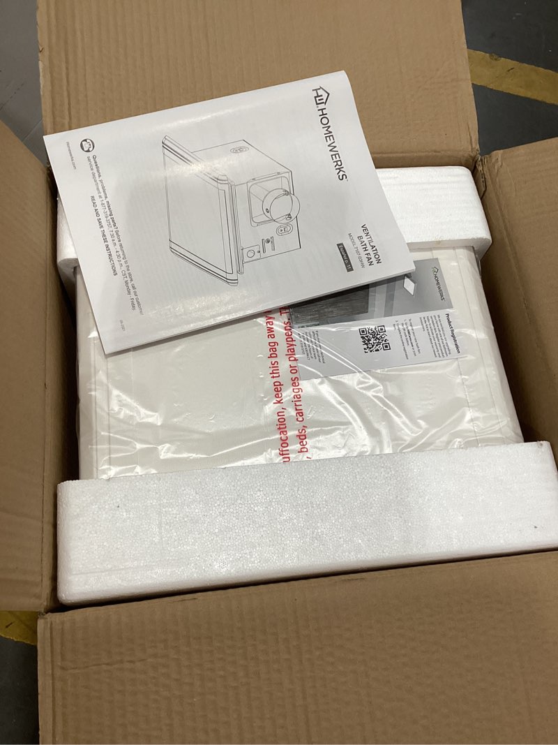 Condition photo showing As Is for homewerks 7114-02-hw dc bathroom fan 50-cfm 1.0 sone white ventilation fan, energy star-qualified with 3-inch duct for 2x4 construction compact 50 cfm