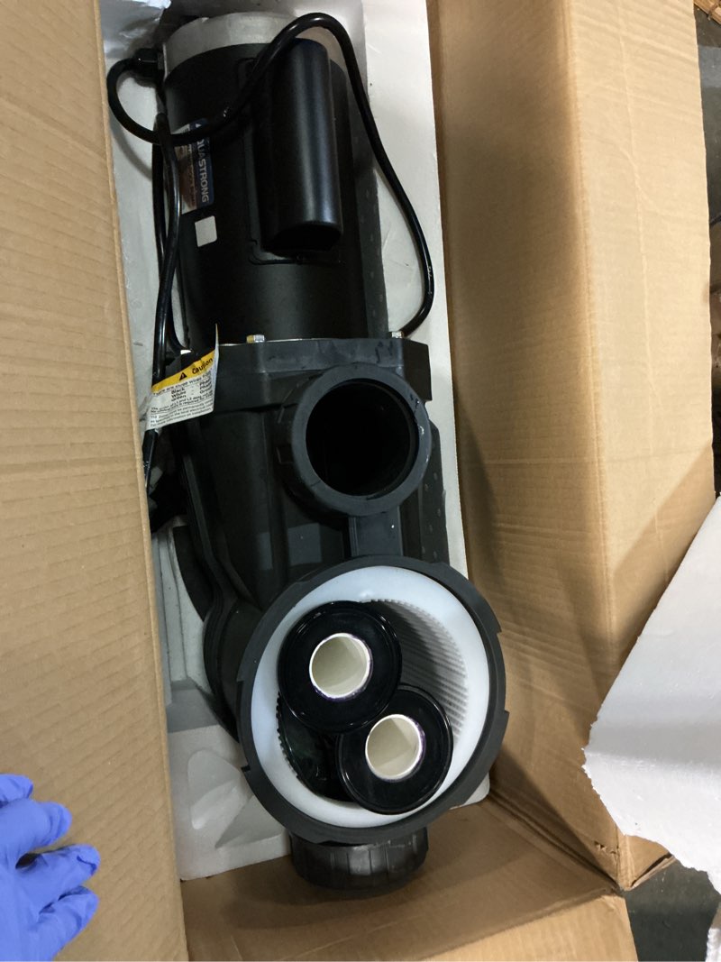 Condition photo showing As Is for aquastrong riptide series 1.5 hp in/above ground pool pump, 220v dual speed, up to 6,604 gph high flow, pure copper motor, energy efficient, self priming with filter basket dark grey