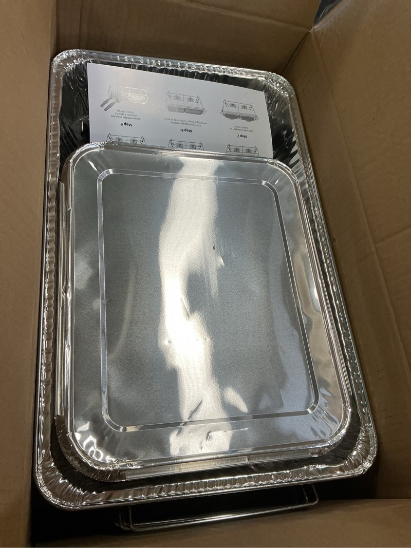 Condition photo showing New/Like New for 5 Pack - Disposable Chafing Dish Buffet Set - Large Full Size (52 pcs) – Catering Food Warmers with Half-Sized Serving Pans, Lids, Racks, Utensils & Fuel Cans - Perfect for Buffets & Food Serving 5 Pack Full Size