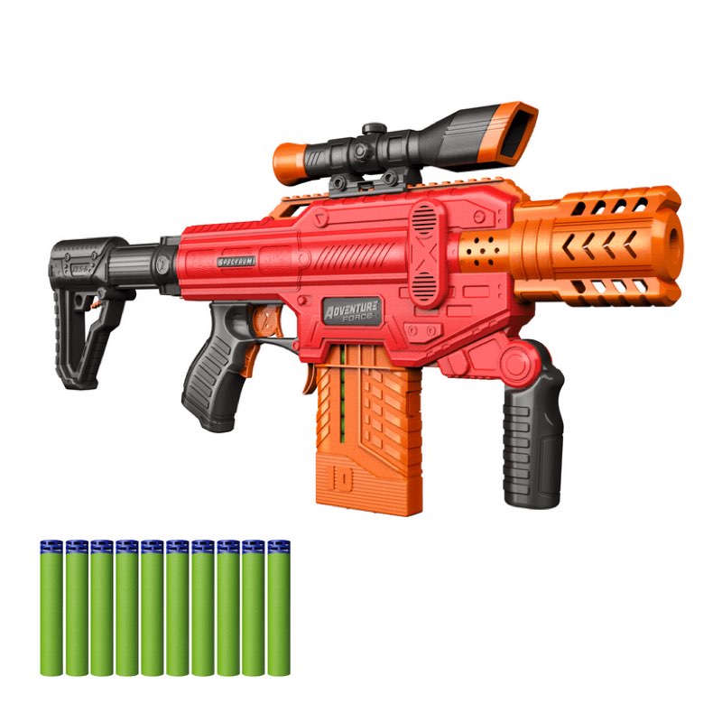 adventure force spectrum, motorized clip-fed semi-auto blaster with 10 round universal ammo clip and 10 waffle tip darts compatible with most standard full-length nerf elite and xshot darts