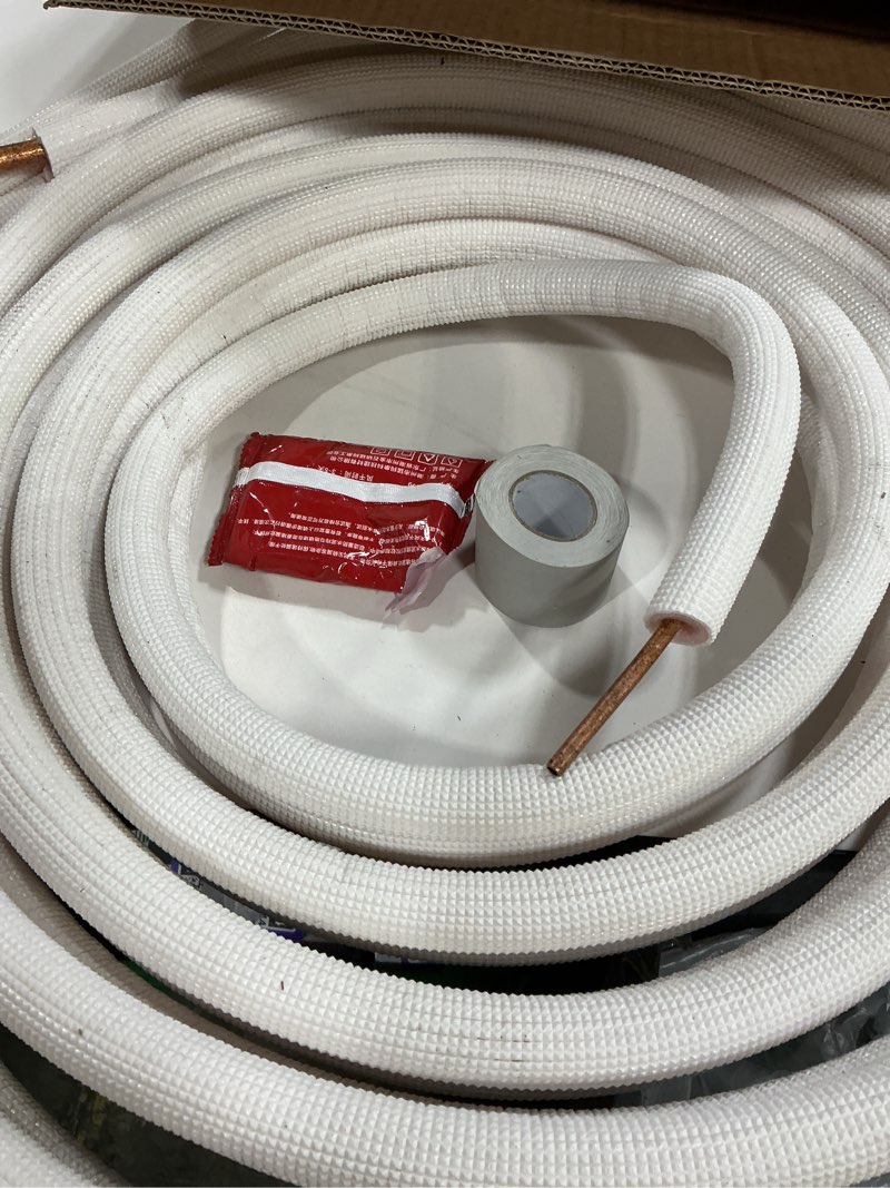 Condition photo showing As Is for 26 FT Split Line Set 1/4” & 1/2” O.D Copper Pipes Tubing and 3/8” White Thickened PE Insulation Coil, for Mini Split Air Conditioning or Heating Pump Equipment and HVAC with Flared Nuts