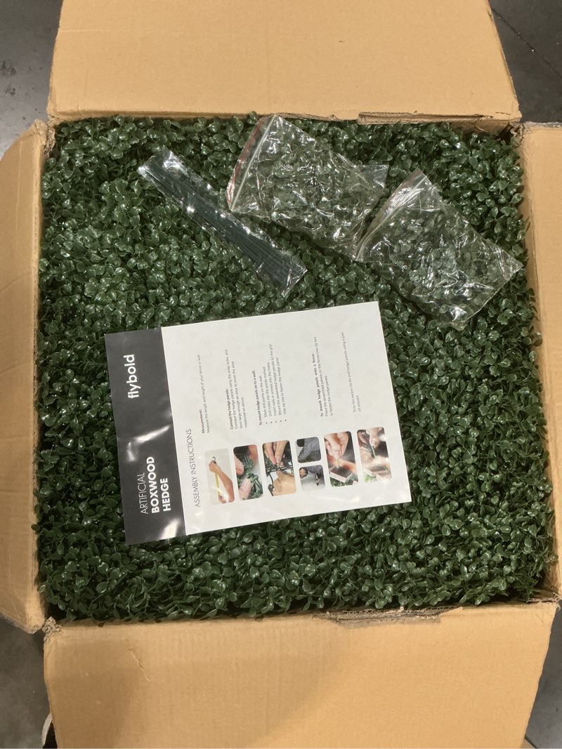 Condition photo showing Good Condition for Grass Wall Panels 20? × 20? (24 Pack) – UV-Protected Artificial Boxwood Hedge Greenery Backdrop Covers 66 sq ft, Indoor/Outdoor Privacy Fence Screen, Zip Ties & Spare Leaves Included Pack of 24