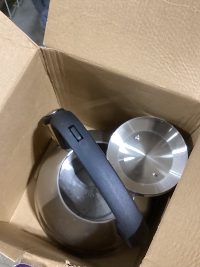 Condition photo showing As Is for mr. coffee flintshire 1.75-quart stainless steel whistling tea kettle – brushed satin finish stove-top kettle for boiling water 1.8 quarts brushed satin