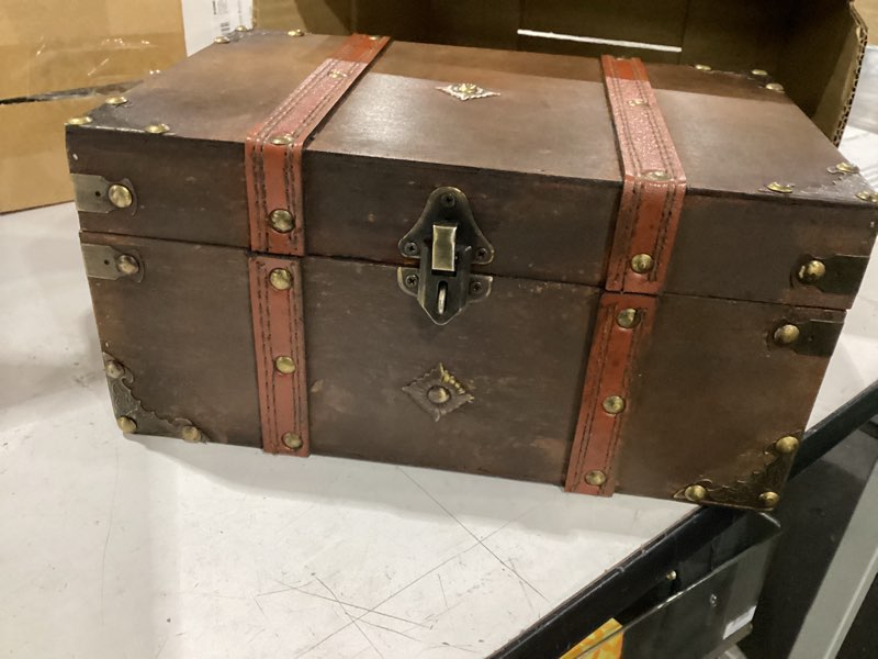 Condition photo showing Good Condition for antique treasure chest box with tray, lockable vintage wooden trunk decor | lockable vintage styling for jewelry watches trinkets and keepsakes on a shelf or dresser