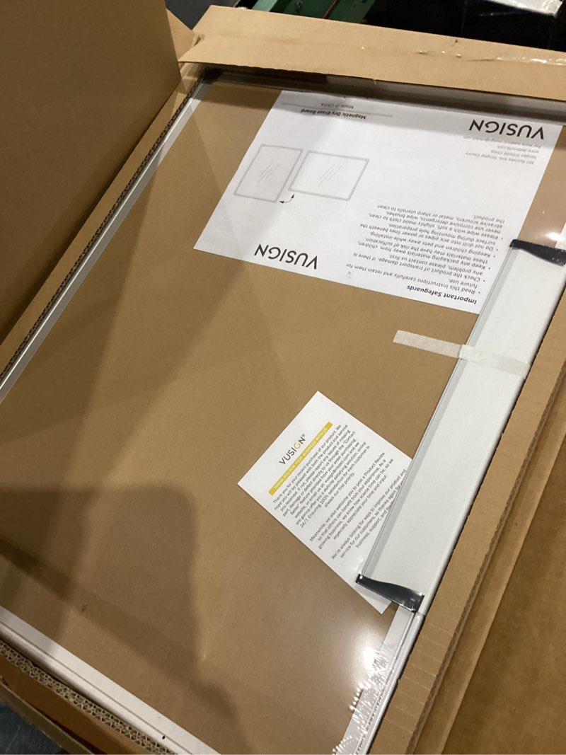 Condition photo showing New/Like New for vusign magnetic white board 24" x 18" with 1 dry-erase eraser, 2 multicolor marker, 4 magnetic pins, sliver reinforced aluminum frame for office, home, school 24"w x 18"h